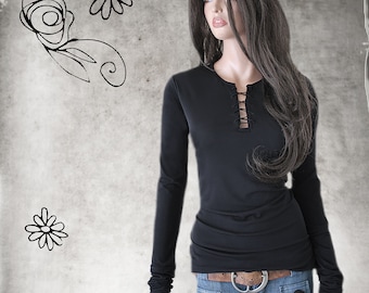 Woman  lace up keyhole front, extra long sleeves, crew neck, pull over knit, Tratgirl
