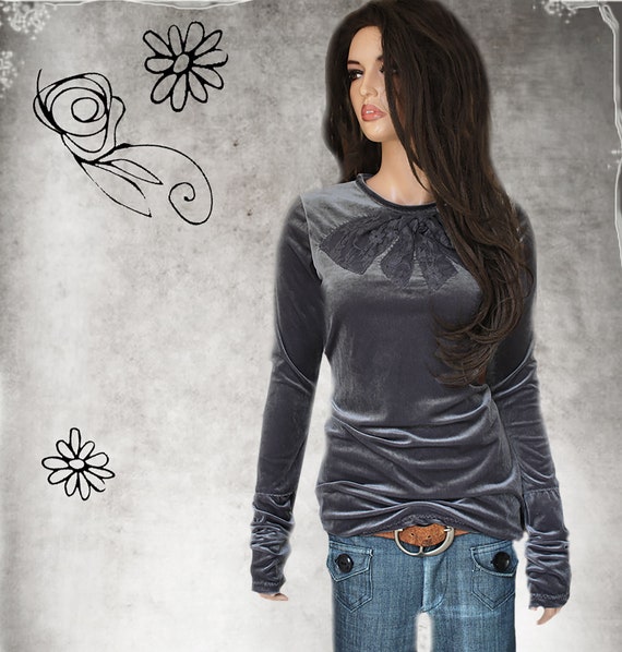 Velvet Woman Bow Lace Front Top, Extra Long Sleeve, Crew
