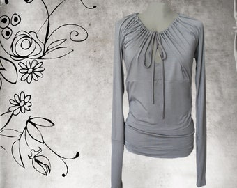Keyhole drawstring cinch neck top: extra long sleeves