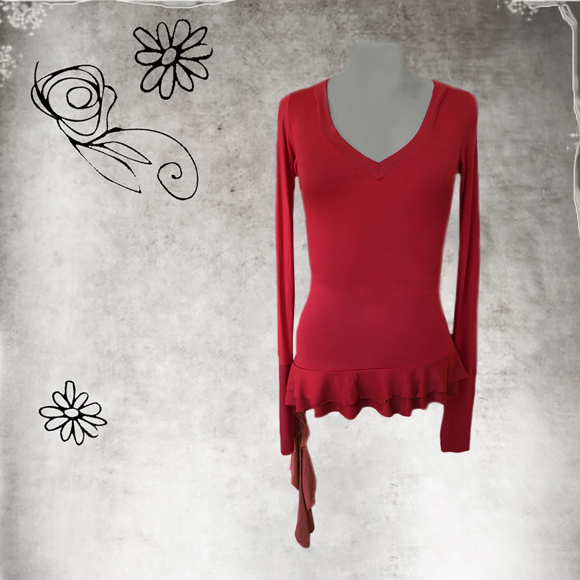 Ruffle Drape Asymmetrical Hem Knit Top, Extra Long Sleeves, Deep V