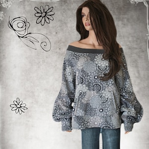 Sweatshirt wide neck floral, women off shoulder, gray charcoal top, fleece pull over, active gym wear, long sleeve blouson, Tratgirl