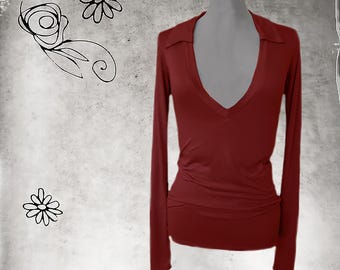 Collar deep v neck front, extra long sleeves, knit top dressy, Tratgirl