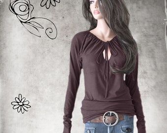 Keyhole tie front top women: long sleeve tee