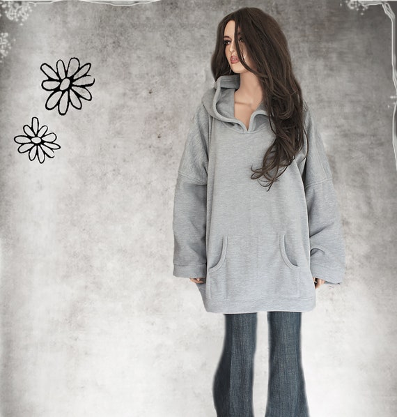 Sweatshirt Hood Oversize Tunic Extra Long Women Fleece Top Pull