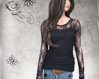 Women stretch lace top and tank set: extra long sleeve