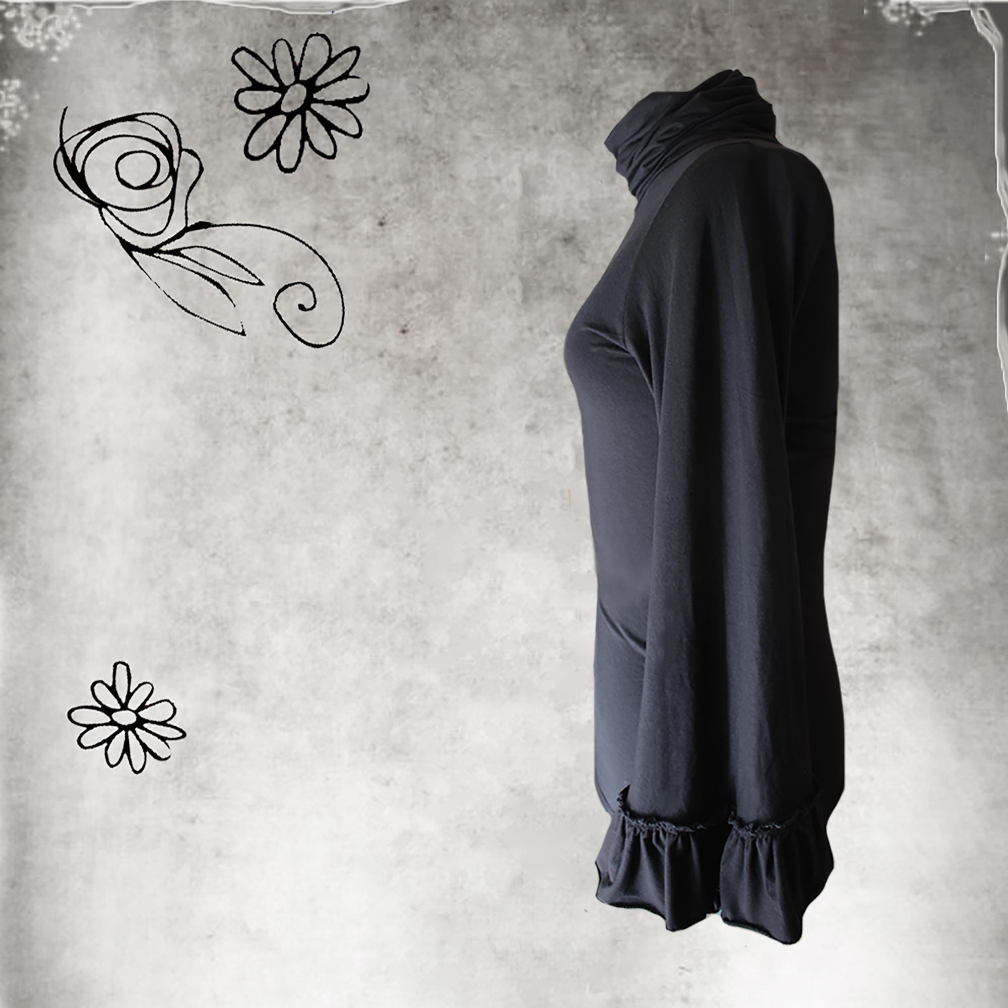 Turtleneck Tight Woman Knit, Flare Ruffle Extra Long Sleeves