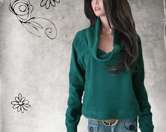 Sweater shirt deep cowl neck women - pull over - long sleeve -fleece active wear