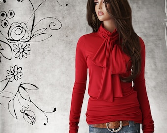 High turtle neck - woman neck bow - Office coordinate layer - extra long lengths - pull over top - woman red knit