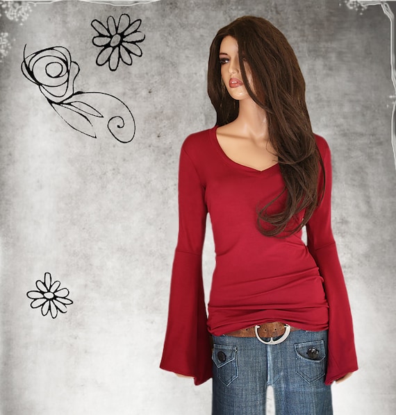 Flare Extra Long Sleeve Top, Deep V Neck, Woman Dressy Red Top, Tratgirl -  Etsy Canada