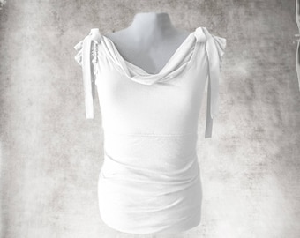 Drape neck top, white woman knit, flutter short sleeve, shoulder bow, Tratgirl