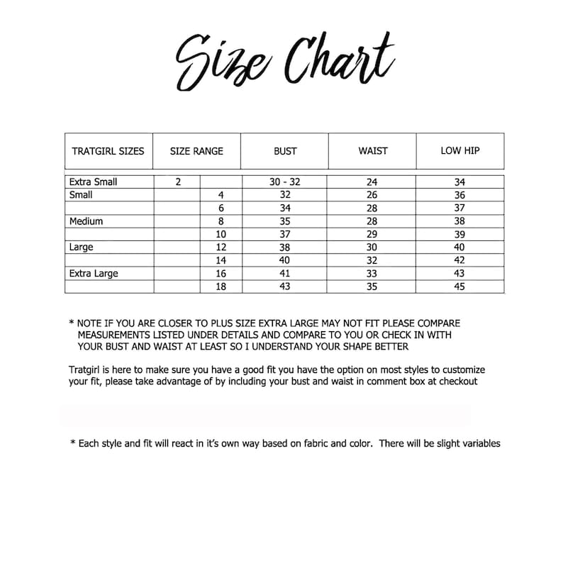 May include: Size chart for clothing with measurements in inches for bust, waist, and low hip. The chart includes sizes from extra small to extra large.