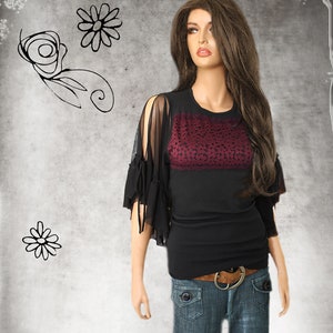 Lace front black top - handkerchief mesh adjustable tie sleeves - sleeveless dressy tee