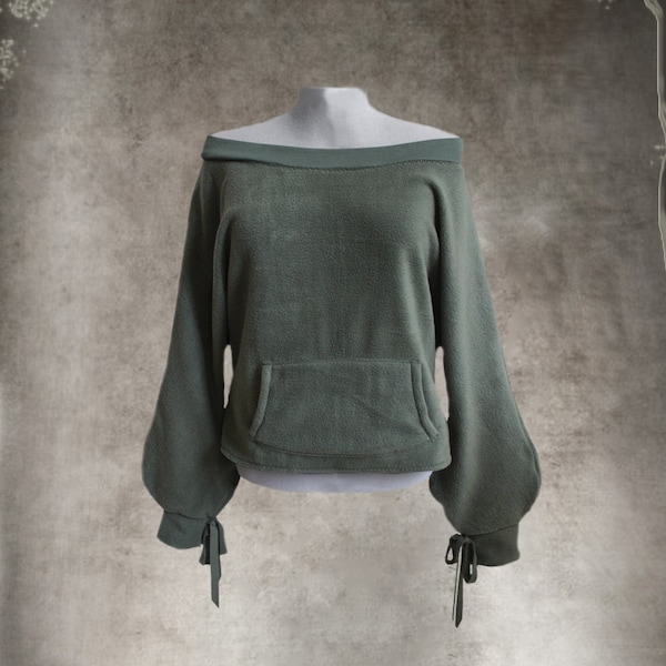 Sweatshirt wide neck - women off shoulder - olive top - fleece pull over - active gym wear - long sleeve blouson