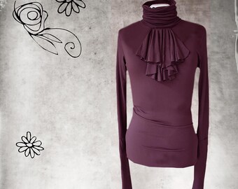 Turtleneck tight cascade jabot, extra long sleeves, pull over top, Tratgirl