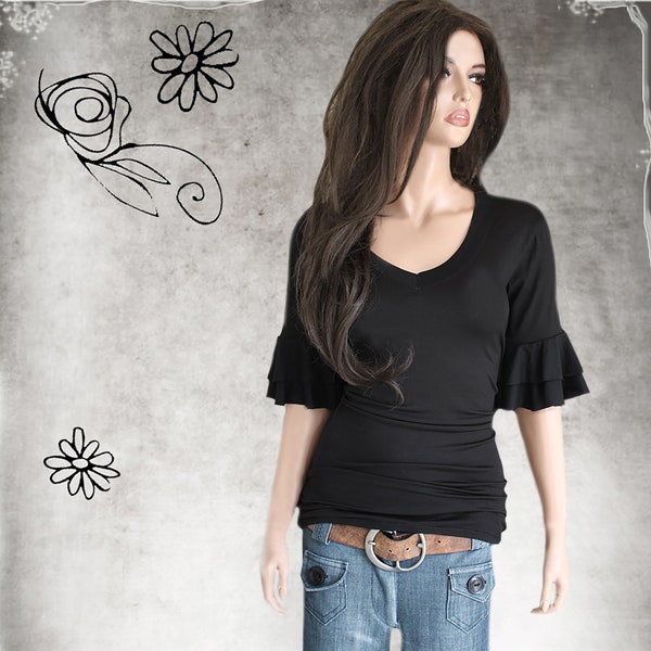 Woman mid sleeve flare, v neck black, dressy casual top, Tratgirl