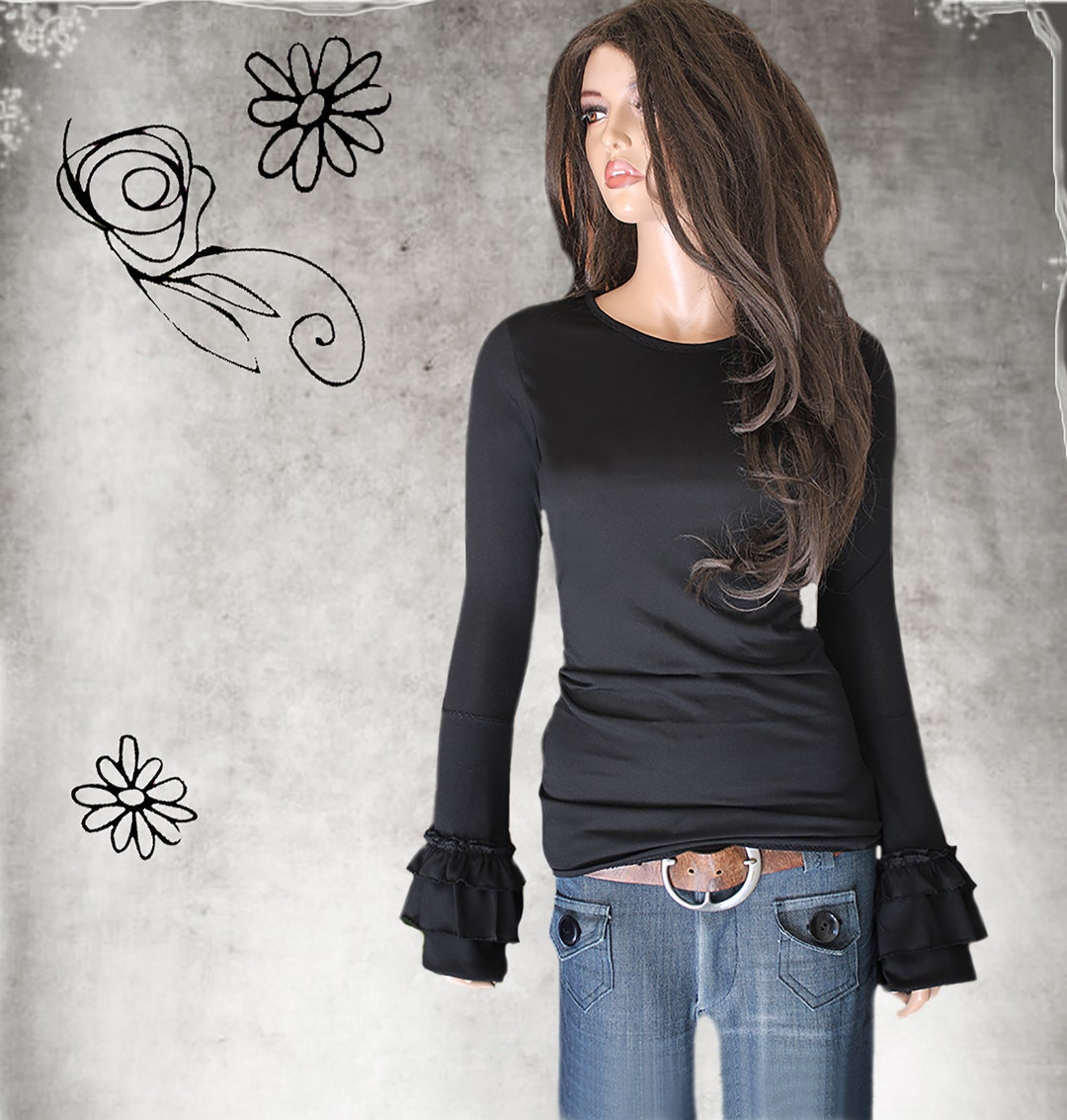 Woman Knit Top, Extra Long Flare Ruffle Sleeve, Crew Neck