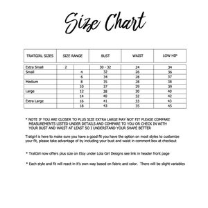 May include: Size chart for clothing with measurements in inches for bust, waist, and low hip. The chart includes sizes from extra small to extra large.