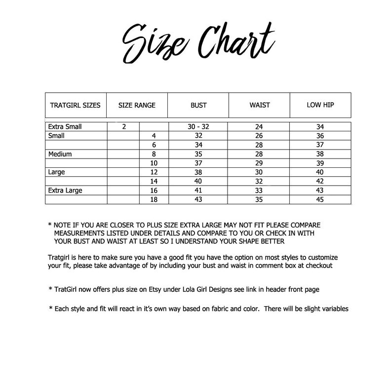 May include: Size chart for clothing with measurements in inches for bust, waist, and low hip. The chart includes sizes from extra small to extra large.