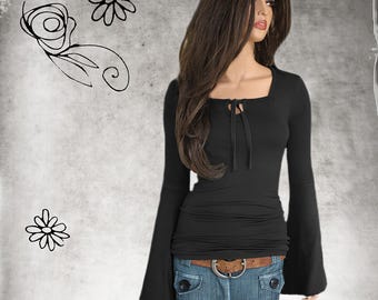 Women keyhole front top: extra long wide flare sleeves