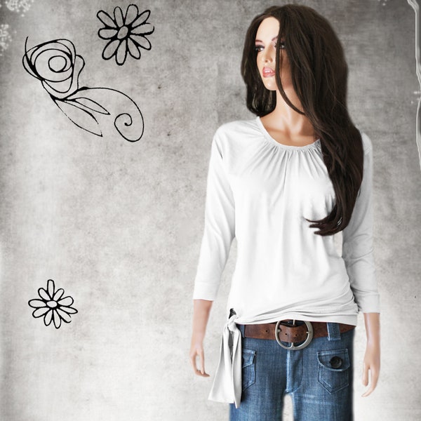 Tie hem top - neck cinch tee - woman white pull over - mid sleeve shirt - banded bottom