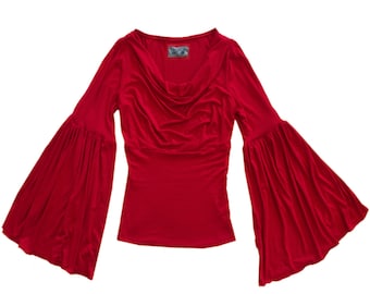 Woman drape neck top, big bell long sleeve, empire waistline, Tratgirl