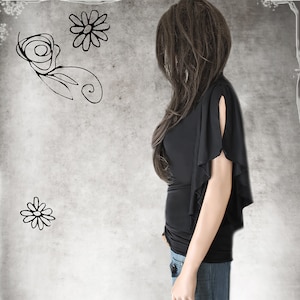 May include: A black top with a ruffled, asymmetrical neckline and short sleeves. The top is made of a soft, stretchy fabric and has a fitted silhouette.