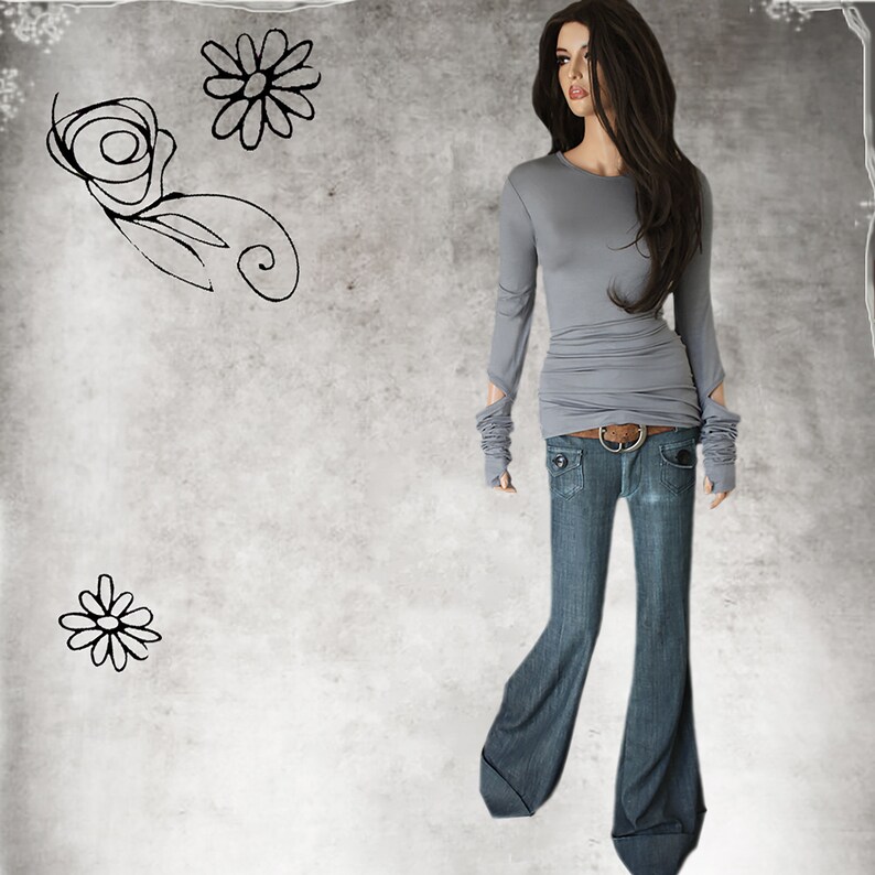 May include: A gray long-sleeved shirt with a fitted waist and cuffed sleeves. The shirt is paired with blue denim jeans with a wide leg.