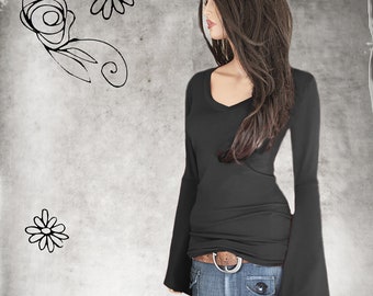 Woman wide flare sleeve, deep v neck, dressy knit top, Tratgirl
