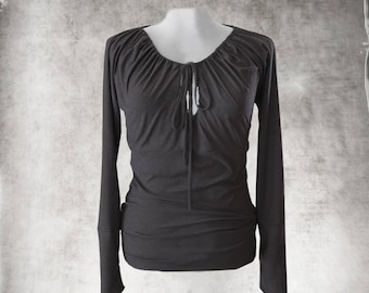 Draw neck top - women black knit - extra long sleeve - deep keyhole - adjustable ties