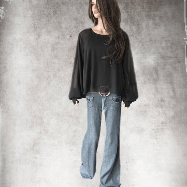 Black thumb hole blouse - chiffon big sleeve - crew neck pull over