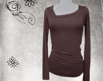 May include: A long-sleeved, brown, fitted shirt with a square neckline and a slight asymmetrical design.
