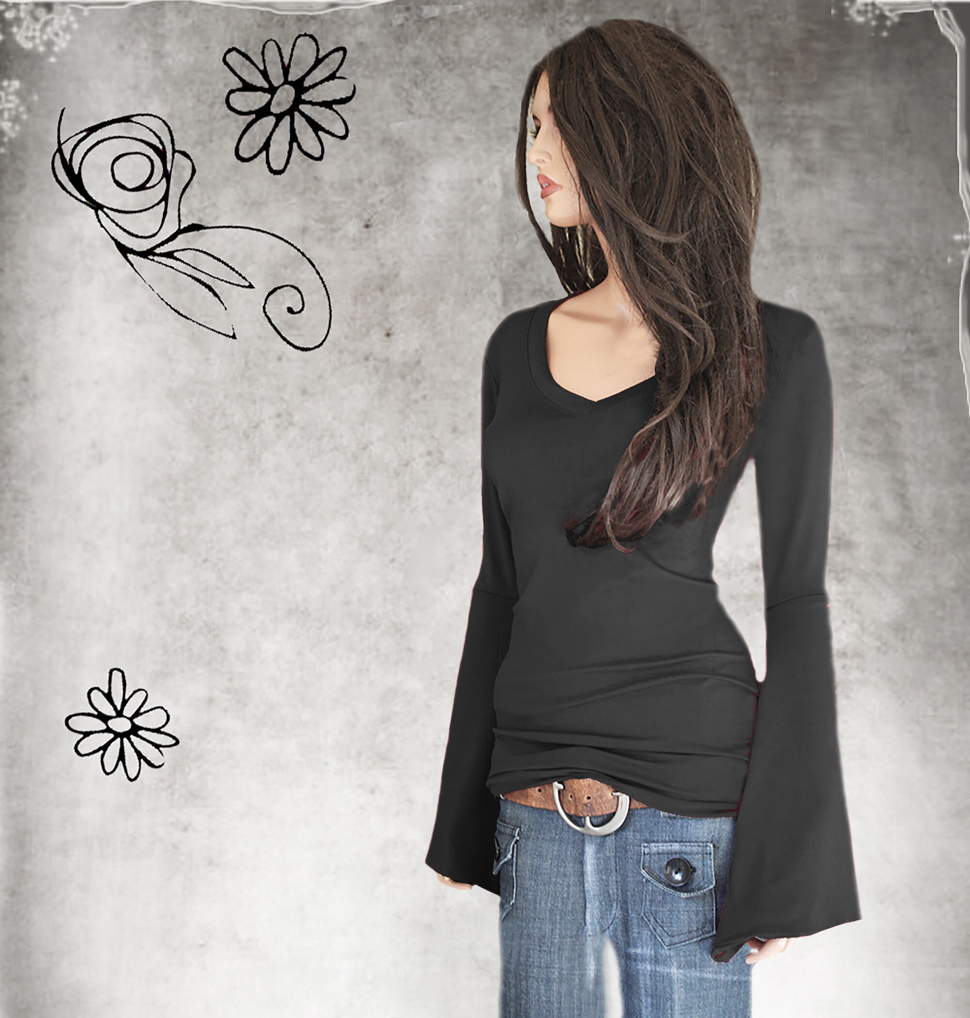 Flare Extra Long Sleeve Top, Deep V Neck, Woman Dressy Red Top