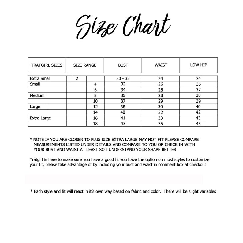 May include: Size chart for clothing with measurements in inches for bust, waist, and low hip. The chart lists sizes from extra small to extra large with corresponding measurements.