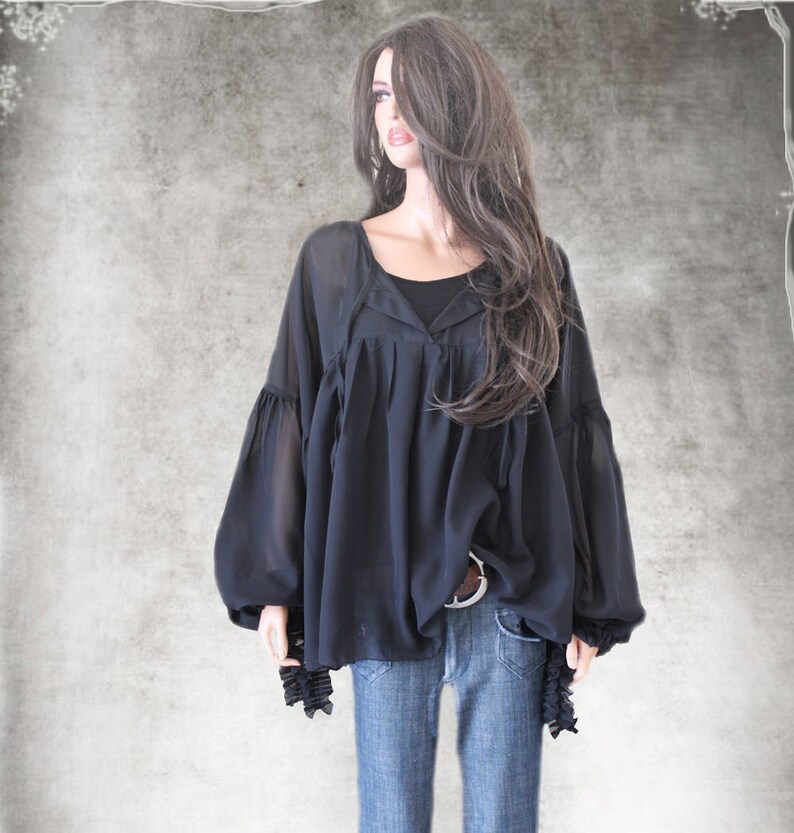 Black blouse chiffonPeasant topLong sleeve shirtPleated ties