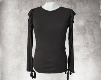 Black top women - Ruffle shoulder - Crew neck - Pull over tee - tie long sleeve