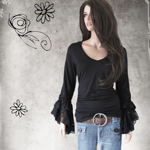 Black Short Sleeve V-Neck Top W/ Ruffle Sleeves