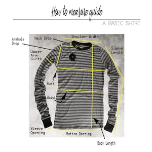 May include: Diagram showing how to measure a basic shirt. The diagram shows a striped long-sleeved shirt with yellow lines indicating where to measure the neck drop, shoulder width, sleeve length, armhole drop, upper arm girth, bust, waist, sleeve opening, bottom opening, and body length.