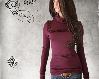 Ruffle Turtleneck Top: Extra Long Sleeve Rayon Spandex