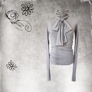 Silver Knit Turtleneck Top: Rayon Spandex Bow Tie Blouse