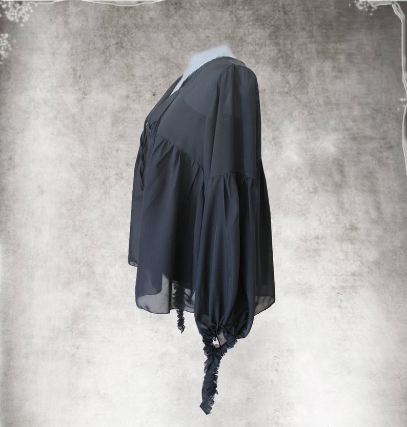 Black blouse chiffonPeasant topLong sleeve shirtPleated ties