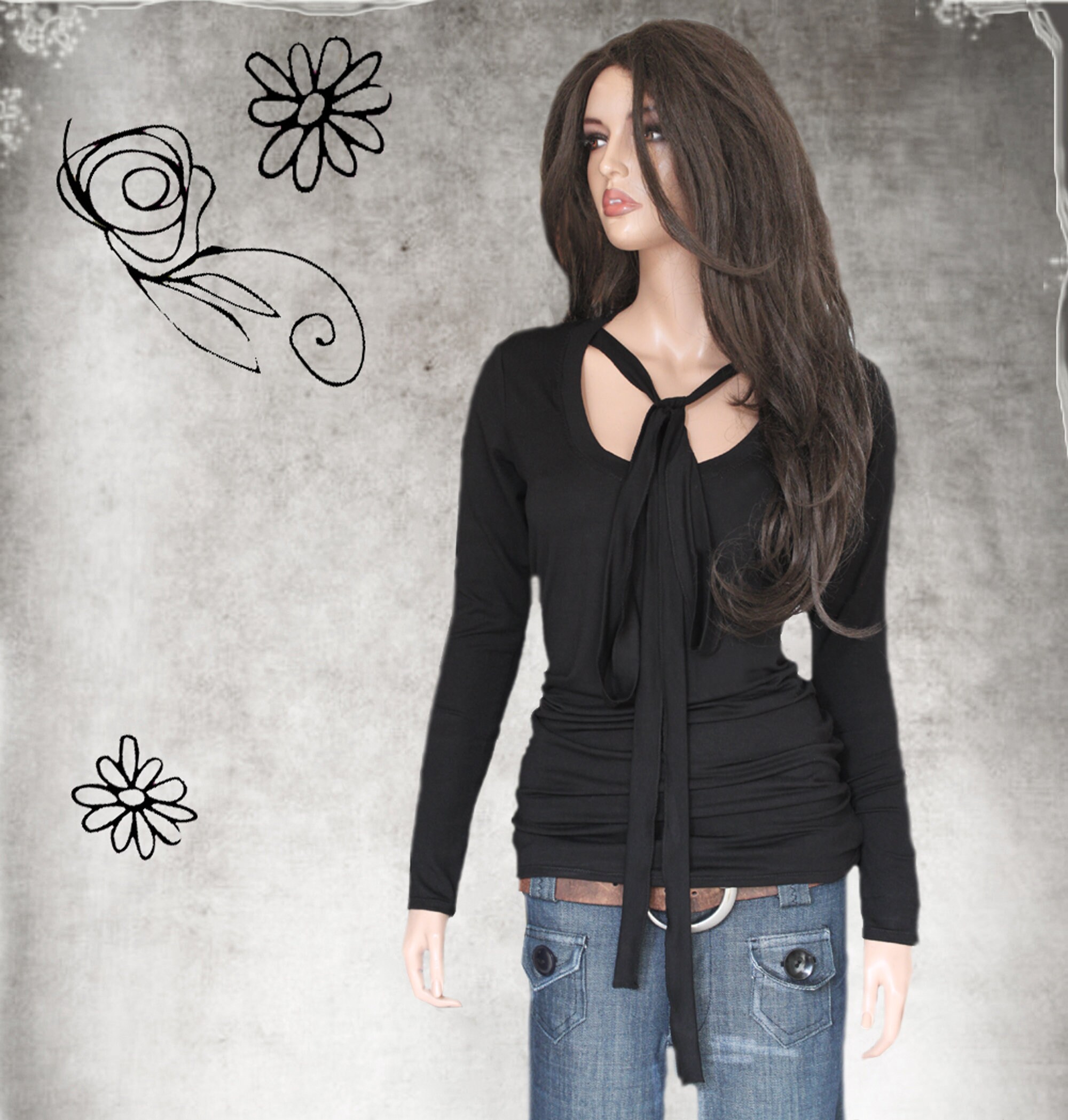 deep scoop neck long sleeve top