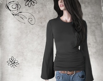 Flare Sleeve Woman Knit Top, Crew Neck, Extra Long Sleeves