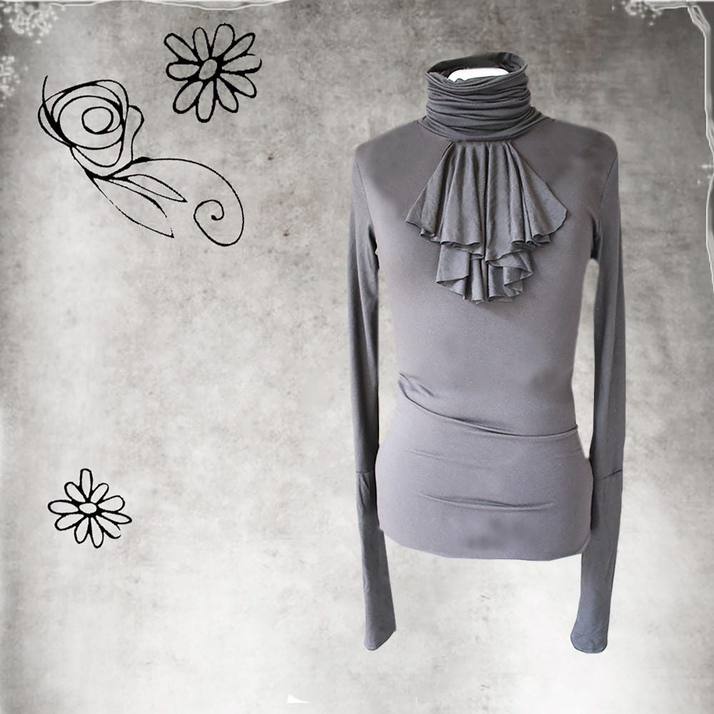 Metroz Style Turtleneck Tight Cascade Jabot, Extra Long Sleeves, Pull Over Top, Tratgirl