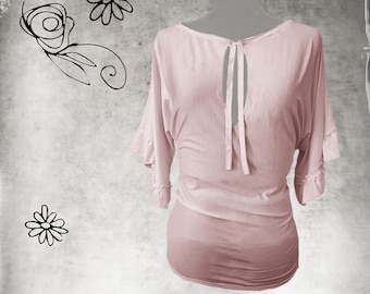 Deep keyhole tie front, dolman short ruffle sleeve, boatneck woman top, Tratgirl