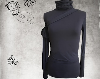 Women extra long sleeve turtleneck top, shoulder sleeve tie