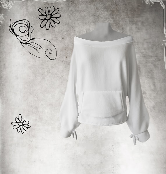 Sweatshirt Wide Neck Women off Shoulder Olive Top Fleece Pull Over