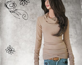 Sweater cowl neck woman camel, extra long sleeves, pull over top, Tratgirl