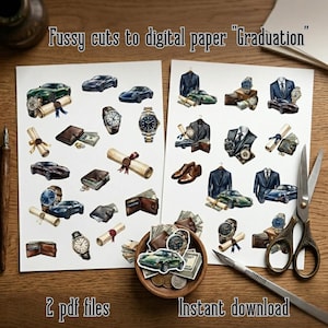 Peut inclure: Ensemble de papier numérique avec des illustrations à l'aquarelle de voitures, montres, portefeuilles, argent et diplômes. Le texte indique "Fussy cuts to digital paper 'Graduation', 2 pdf files, Instant download."