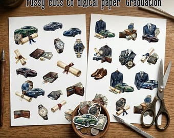 May include: Digital paper set with watercolour illustrations of cars, watches, wallets, money, and diplomas. The text reads "Fussy cuts to digital paper 'Graduation', 2 pdf files, Instant download."