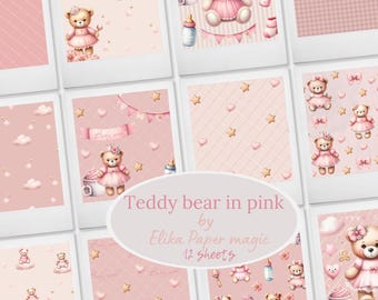 Paquete de papeles digitales para bebé niña con osito de peluche rosa – Álbum de recortes en acuarela (archivos JPG)